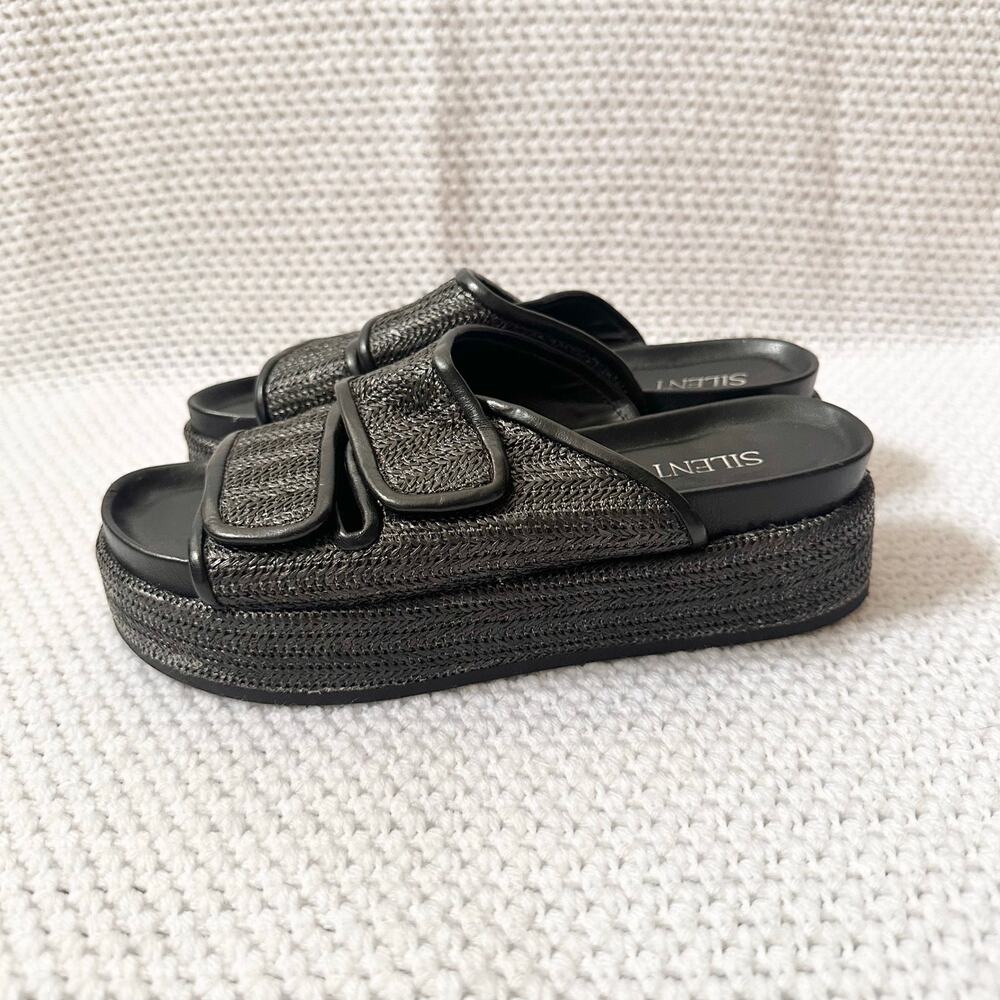 Silent D Gray Black Woven Raffia Double Strap Hook Loop Platform Sandals 39 Boho - Picture 6 of 9